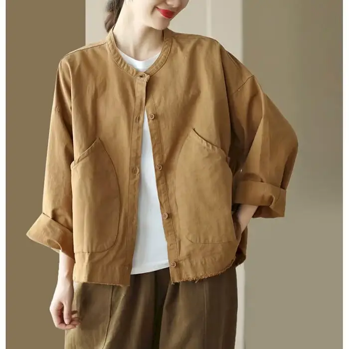 Vestes en coton à manches longues pour femmes, vêtements de travail monochromes, cardigans à simple