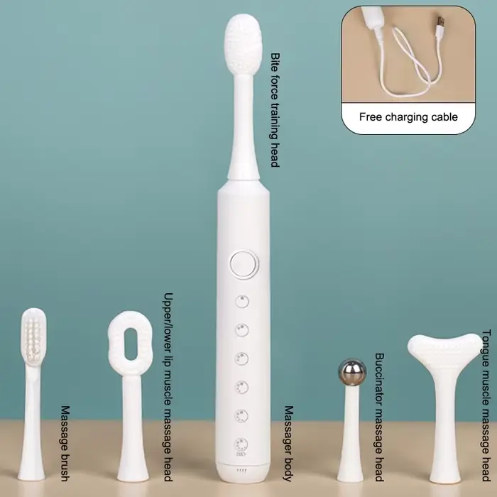 Appareil de rééducation musculaire de la langue électrique, outils de massage pour l'entraînement des muscles de la bouche et de la langue avec têtes de massage interchangeables.