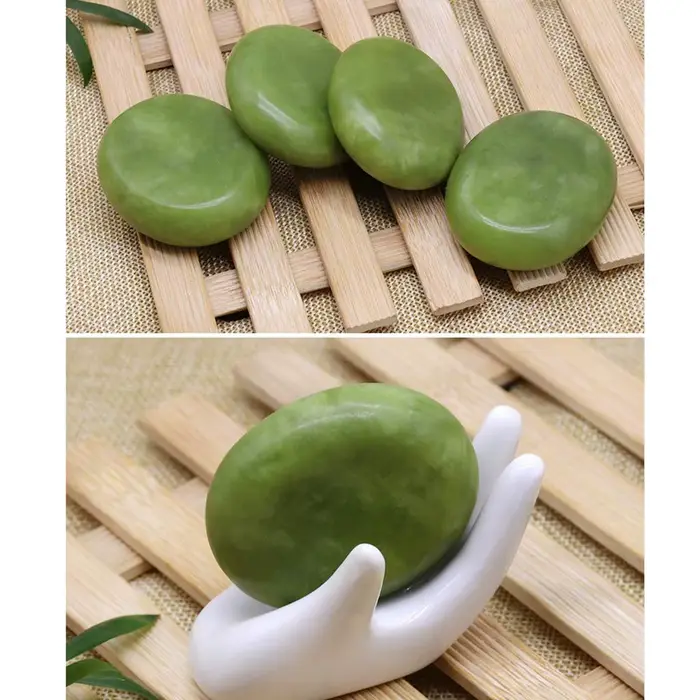 Pierre de massage chaude en jade olive, polie, pour le visage et la relaxation des zones sensibles