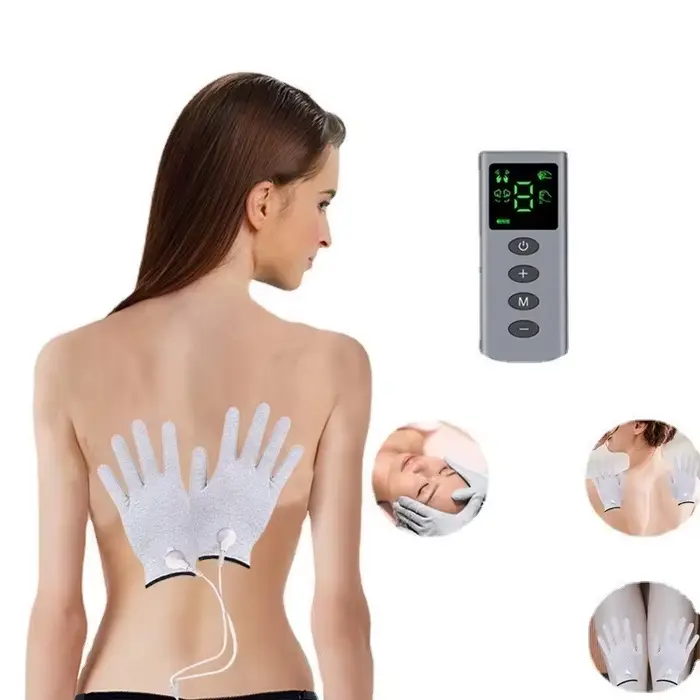 Offre spéciale TENS/EMS gants de Massage 4 Mode stimulateur musculaire de la paume Portable beauté physiothérapie poche soulagement de la douleur masseur gant