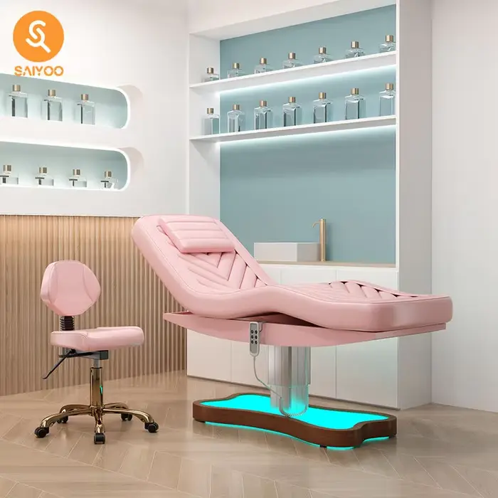 Lit de massage spa pour salon de beauté électrique rose avec 3 moteurs et base lumineuse LED