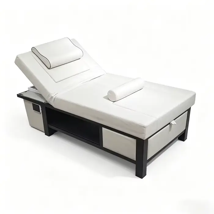 Lit de massage de luxe blanc 2026 avec tiroir de rangement et dossier réglable, multifonctionnel pour spa et salon.