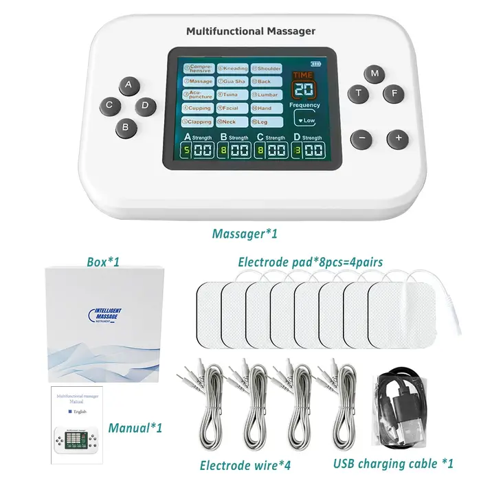 Physiothérapie TENS EMS unité stimulateur musculaire 4 canaux Rechargeable 30 niveaux d'intensité dos cou épaule soulagement des douleurs articulaires