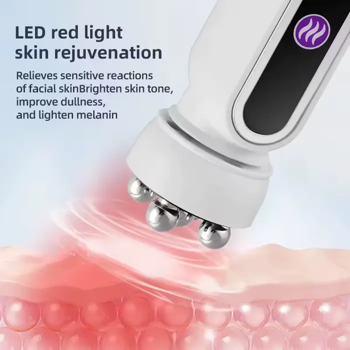 Rouleau de massage facial chauffant EMS avec LED, photothérapie et massage rotatif pour la réduction des pores et des ridules