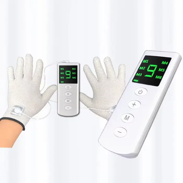Offre spéciale TENS/EMS gants de Massage 4 Mode stimulateur musculaire de la paume Portable beauté physiothérapie poche soulagement de la douleur masseur gant