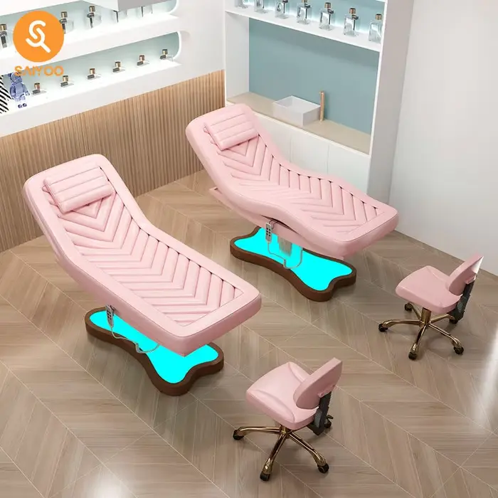 Lit de massage spa pour salon de beauté électrique rose avec 3 moteurs et base lumineuse LED