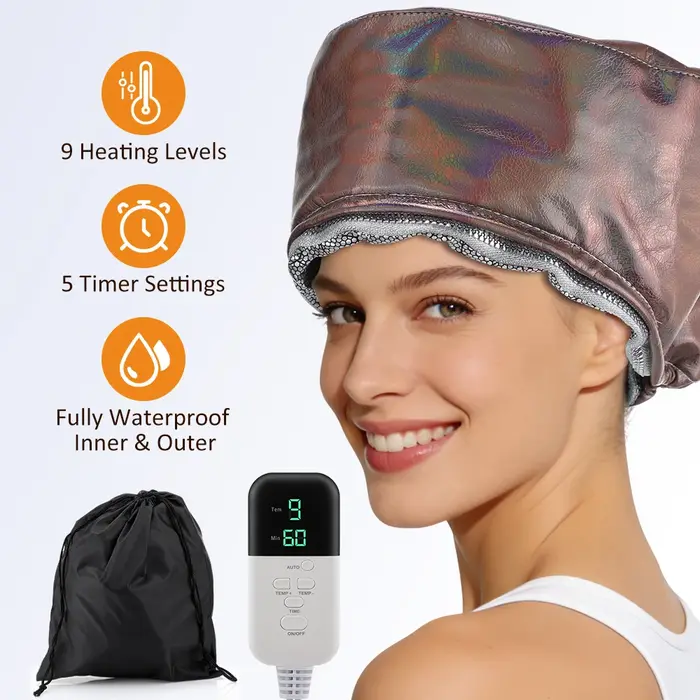 Bonnet chauffant électrique portable 9 niveaux pour soin capillaire profond – Masque nourrissant pour cheveux en PE épaissi