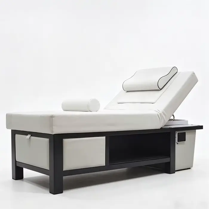 Lit de massage de luxe blanc 2026 avec tiroir de rangement et dossier réglable, multifonctionnel pour spa et salon.