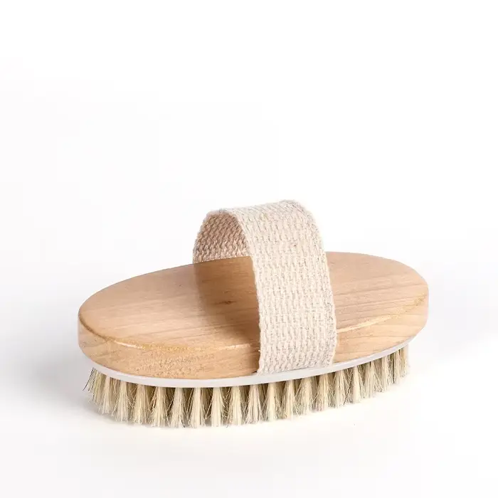 Brosse corporelle sèche avec manche en bois, brosse exfoliante à poils naturels pour la douche, exfo