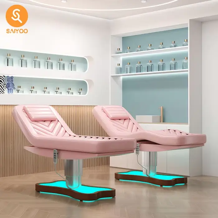 Lit de massage spa pour salon de beauté électrique rose avec 3 moteurs et base lumineuse LED