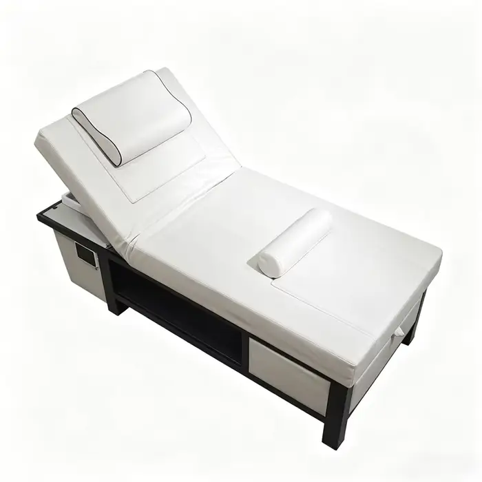 Lit de massage de luxe blanc 2026 avec tiroir de rangement et dossier réglable, multifonctionnel pour spa et salon.