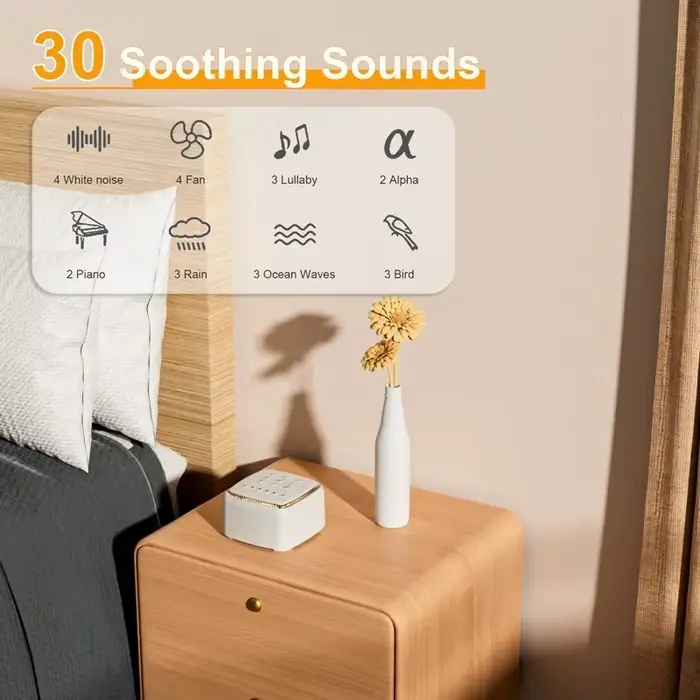 Machine à bruit blanc rechargeable avec 30 sons apaisants et lumière chaude pour un meilleur sommeil