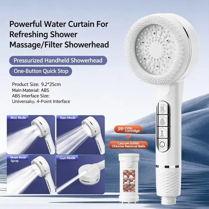 Pommeau de douche manuel avec filtre de massage SPA, 4 modes de pulvérisation, pulvérisateur pressurisé à haut débit avec brosse extérieure en silicone pour salle de bain