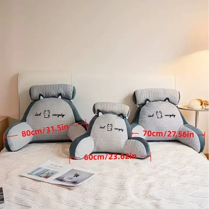 Coussin de lecture pour lire au lit en position assise avec accoudoirs - Gris matelassé
