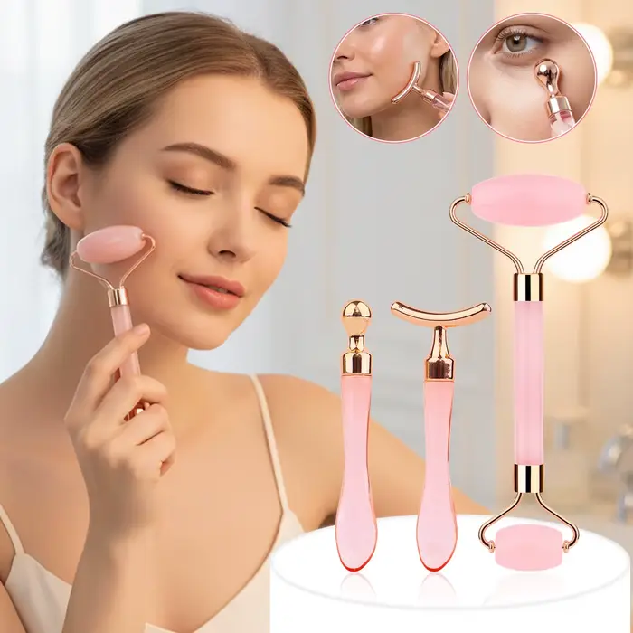 Ensemble de 3 rouleaux de massage double tête et crème contour des yeux pour aider à lifter la peau du visage