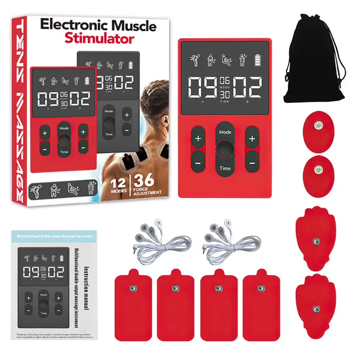 Masseur TENS EMS multifonctionnel avec 12 modes et 36 niveaux d'intensité, sortie double canal tempo