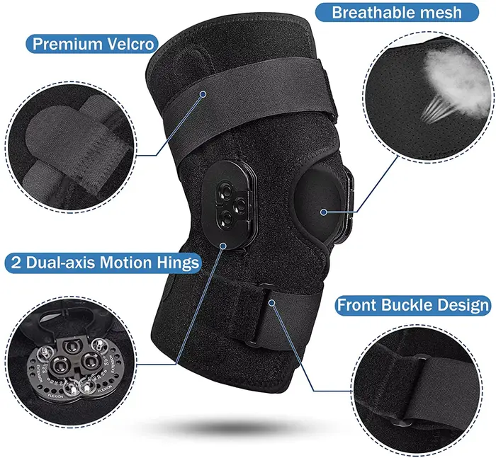 Genouillère réglable articulée, Support de genou avec stabilisateurs latéraux, cadrans de verrouilla