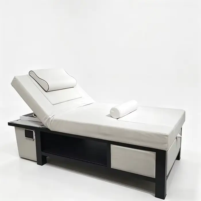 Lit de massage de luxe blanc 2026 avec tiroir de rangement et dossier réglable, multifonctionnel pour spa et salon.